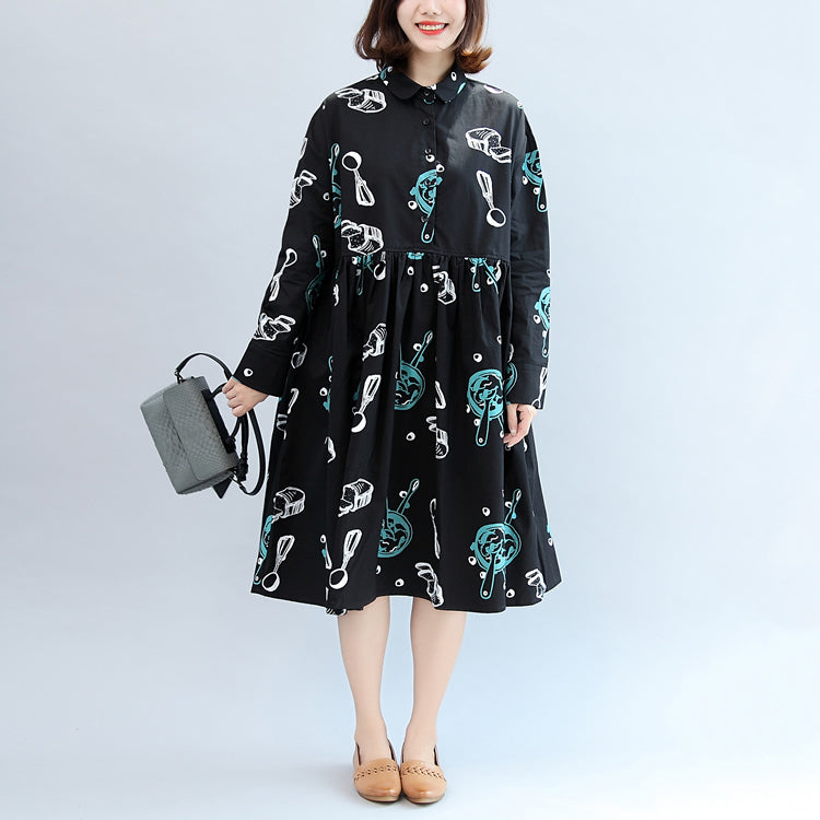 Fall Black Print Cotton Outwear Long Sleeve Warm Clothes