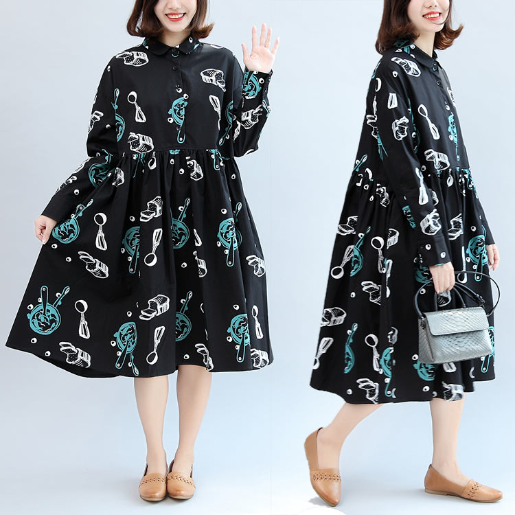 Fall Black Print Cotton Outwear Long Sleeve Warm Clothes