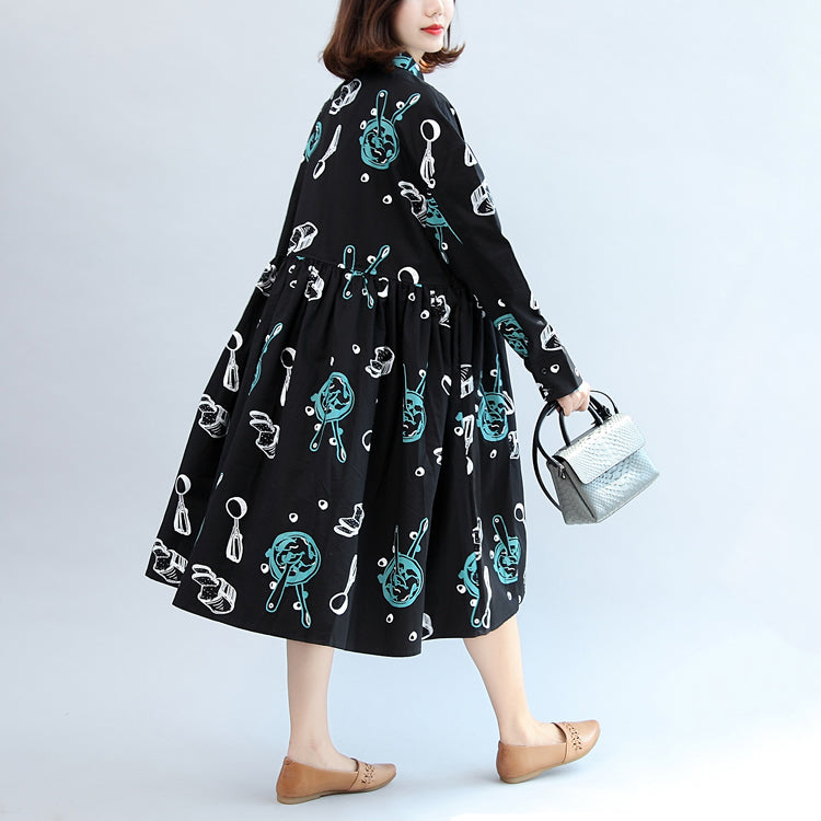 Fall Black Print Cotton Outwear Long Sleeve Warm Clothes