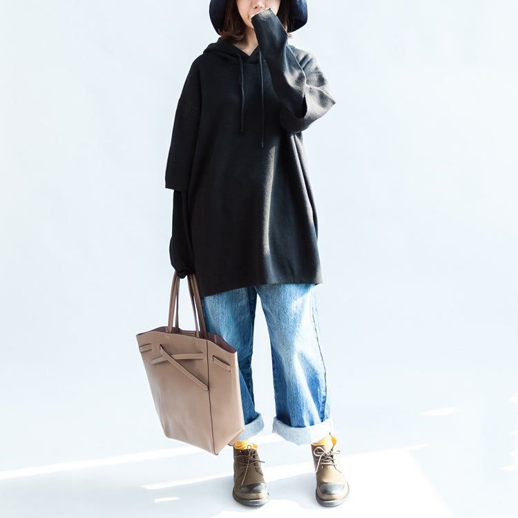 Fall Black Print Woolen Blended Coats Hooded Layered Sleeve Mid Outwear
