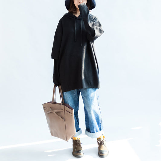 Fall Black Print Woolen Blended Coats Hooded Layered Sleeve Mid Outwear