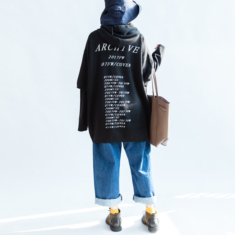 Fall Black Print Woolen Blended Coats Hooded Layered Sleeve Mid Outwear