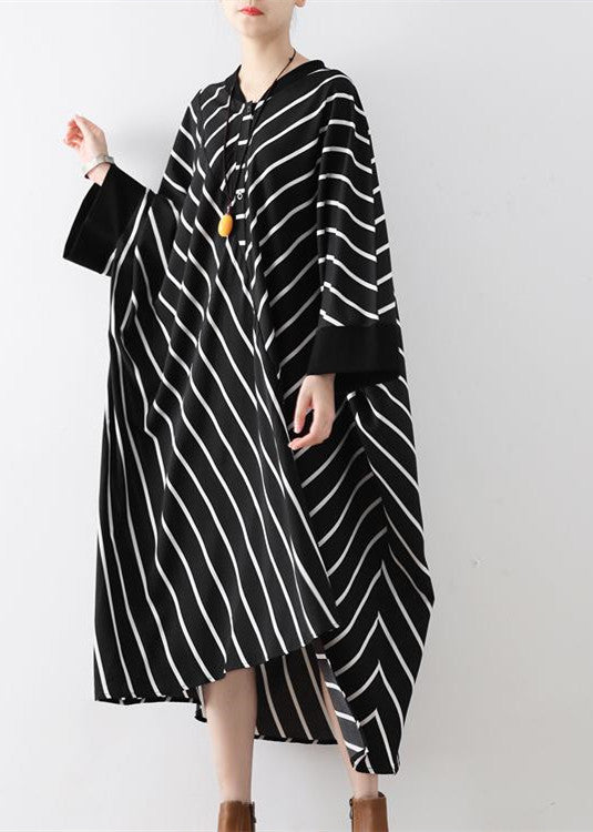 Fall Black Strip Caftans V Neck Oversized Cotton Maxi Dresses Traveling Gown