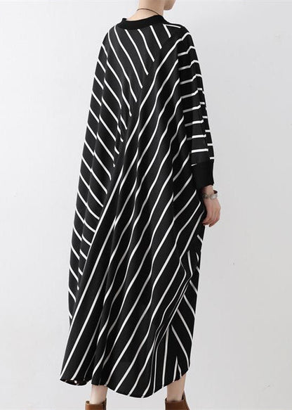 Fall Black Strip Caftans V Neck Oversized Cotton Maxi Dresses Traveling Gown