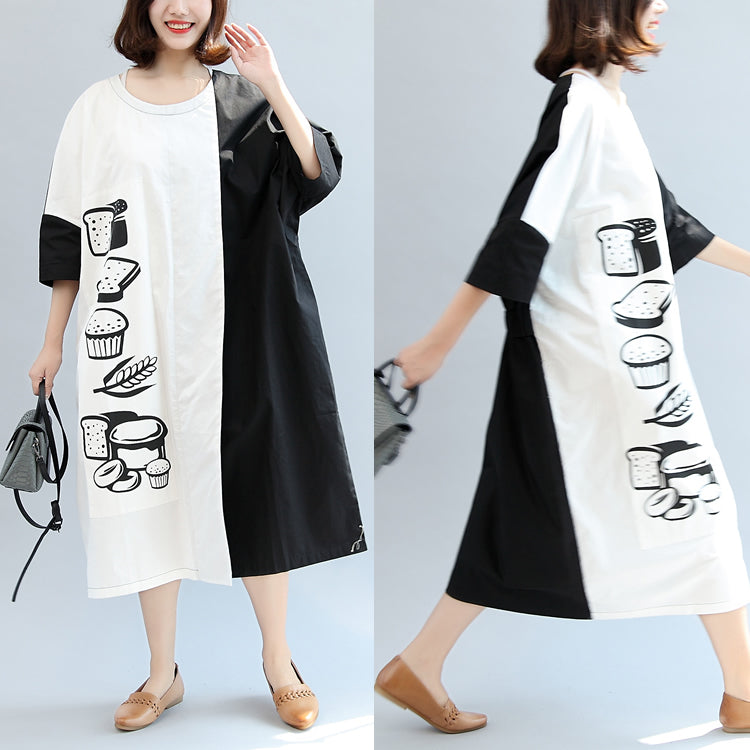 Fall Black White Patchwork Cotton Dresses Oversize Print Warm Outfits