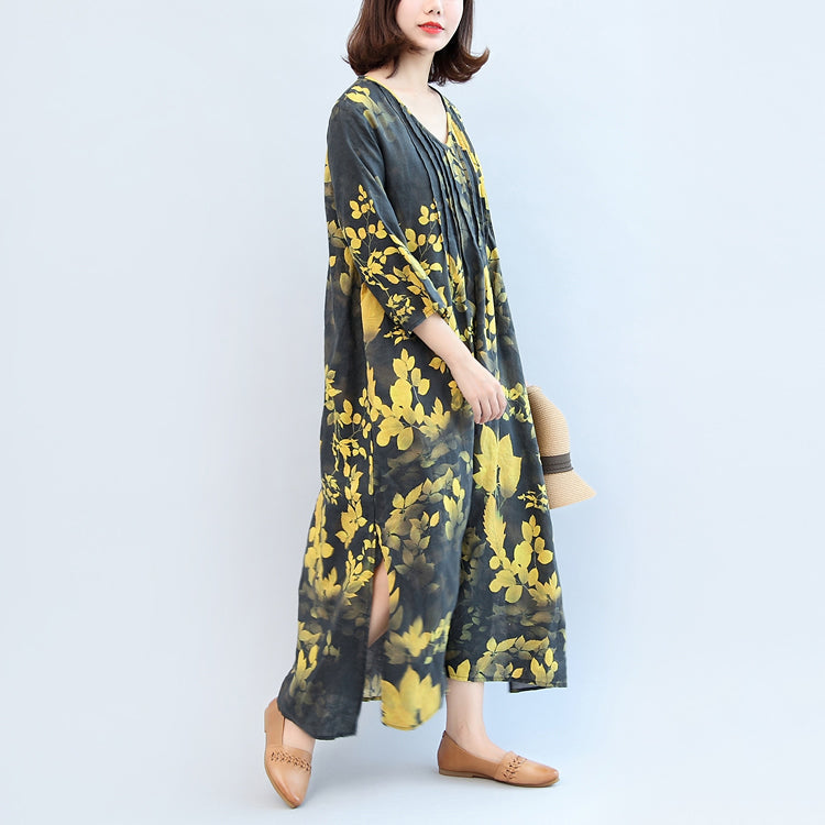 Fall Black Yellow Print Linen Dresses V Neck Sundress Side Open