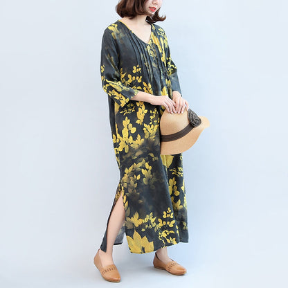 Fall Black Yellow Print Linen Dresses V Neck Sundress Side Open