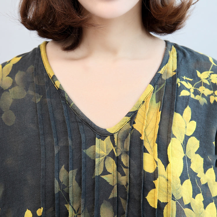 Fall Black Yellow Print Linen Dresses V Neck Sundress Side Open