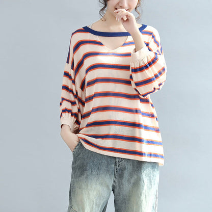 2025 fall blue striped casual cotton blouse oversize v neck tops