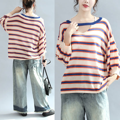 2025 fall blue striped casual cotton blouse oversize v neck tops