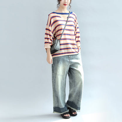 2025 fall blue striped casual cotton blouse oversize v neck tops
