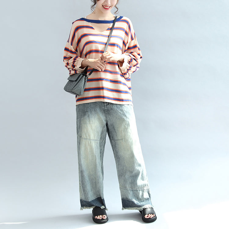 2025 fall blue striped casual cotton blouse oversize v neck tops