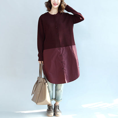 Fall Burgundy Patchwork Hem Cotton Sweater Dresses Knit Shirts Dress