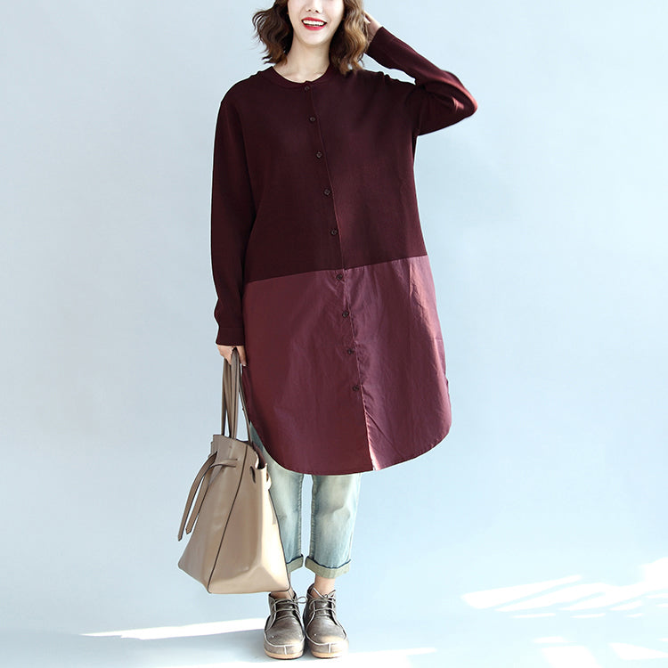 Fall Burgundy Patchwork Hem Cotton Sweater Dresses Knit Shirts Dress