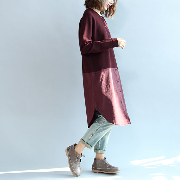 Fall Burgundy Patchwork Hem Cotton Sweater Dresses Knit Shirts Dress