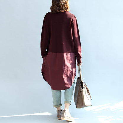Fall Burgundy Patchwork Hem Cotton Sweater Dresses Knit Shirts Dress