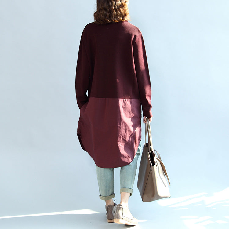 Fall Burgundy Patchwork Hem Cotton Sweater Dresses Knit Shirts Dress