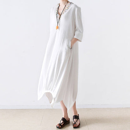 Fall Cotton Dresses V Neck White Dresses Beads Details Black Cotton Dresses