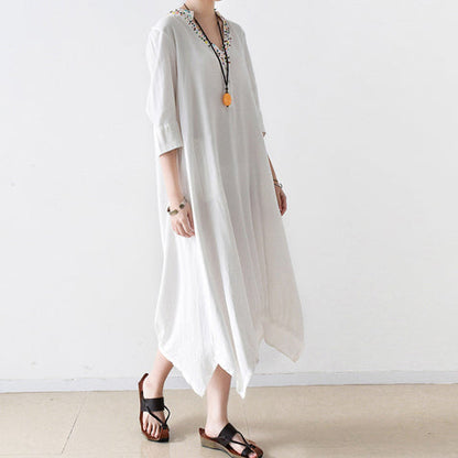 Fall Cotton Dresses V Neck White Dresses Beads Details Black Cotton Dresses