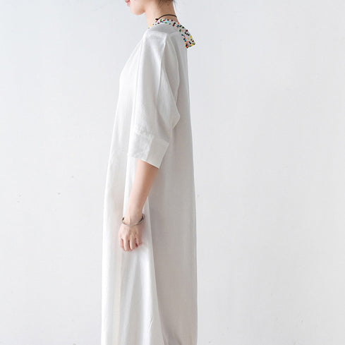 Fall Cotton Dresses V Neck White Dresses Beads Details Black Cotton Dresses