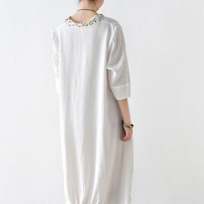 Fall Cotton Dresses V Neck White Dresses Beads Details Black Cotton Dresses