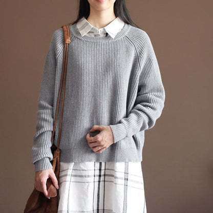 Fall Gray Cotton Knit Tops Oversize Batwing Sleeve Sweater Pullover