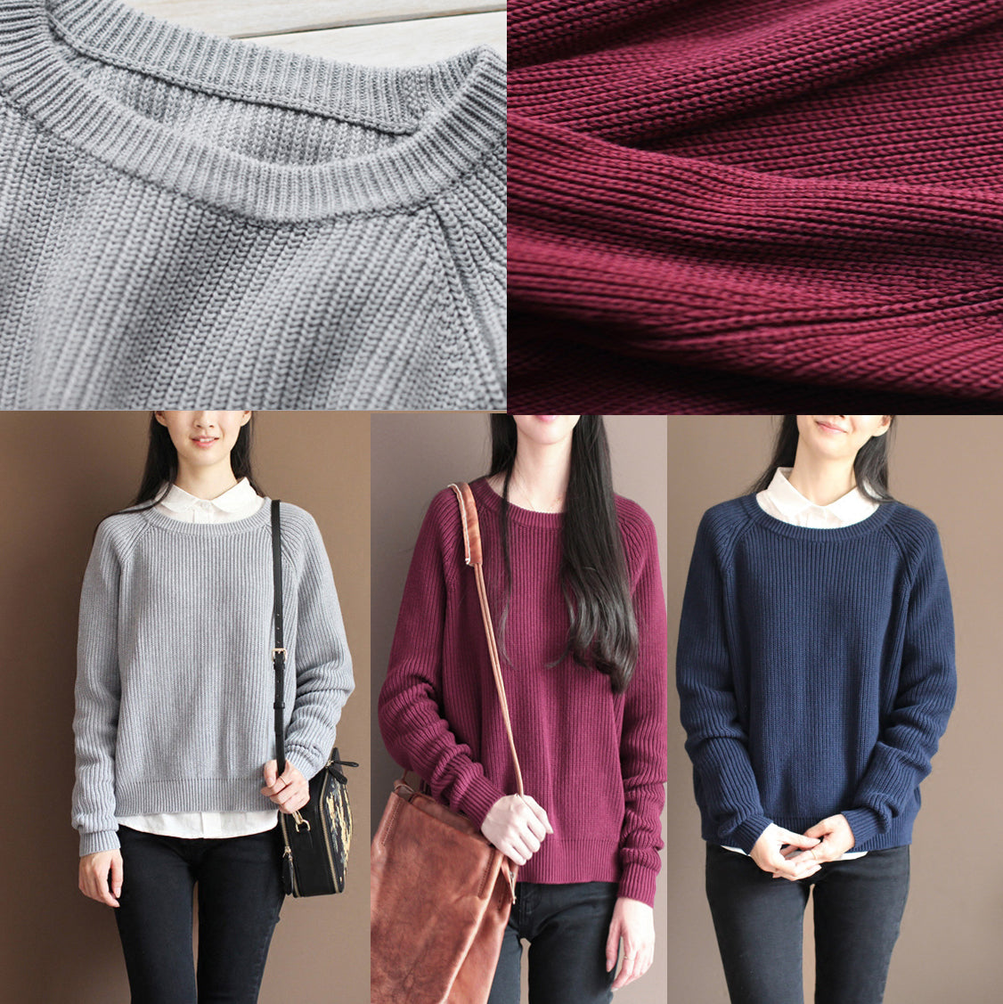 Fall Gray Cotton Knit Tops Oversize Batwing Sleeve Sweater Pullover