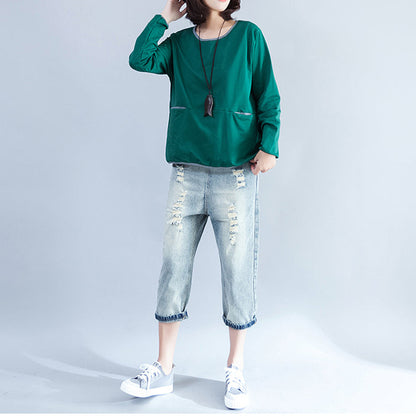 2025 fall green fashion cotton blouse loose  fit t shirt