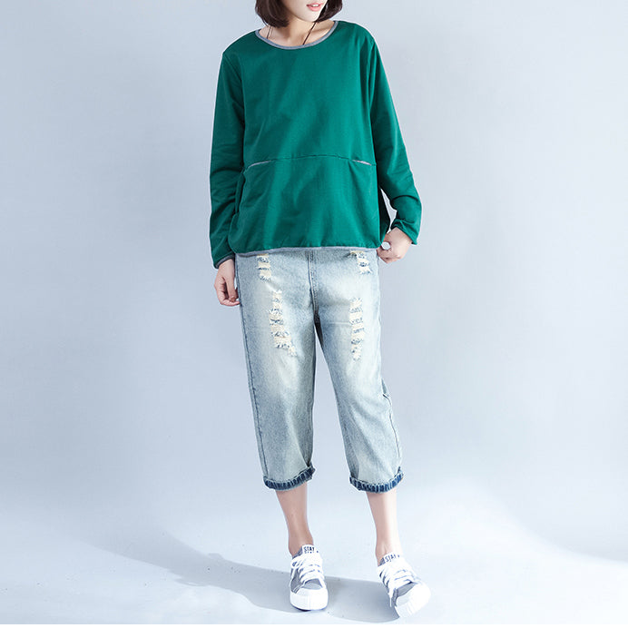 2025 fall green fashion cotton blouse loose  fit t shirt
