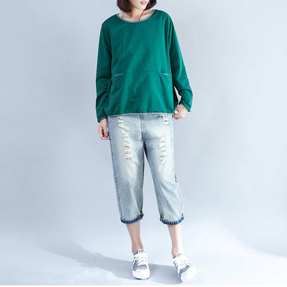 2025 fall green fashion cotton blouse loose  fit t shirt