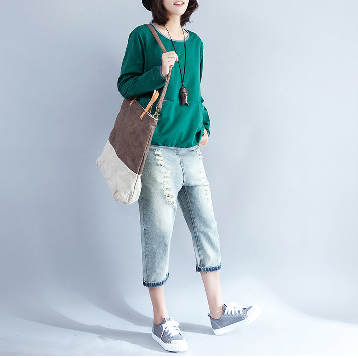 Fall Green Cotton Blouse Loose Fit T Shirt