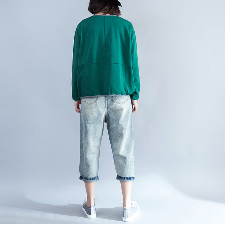 2025 fall green fashion cotton blouse loose  fit t shirt