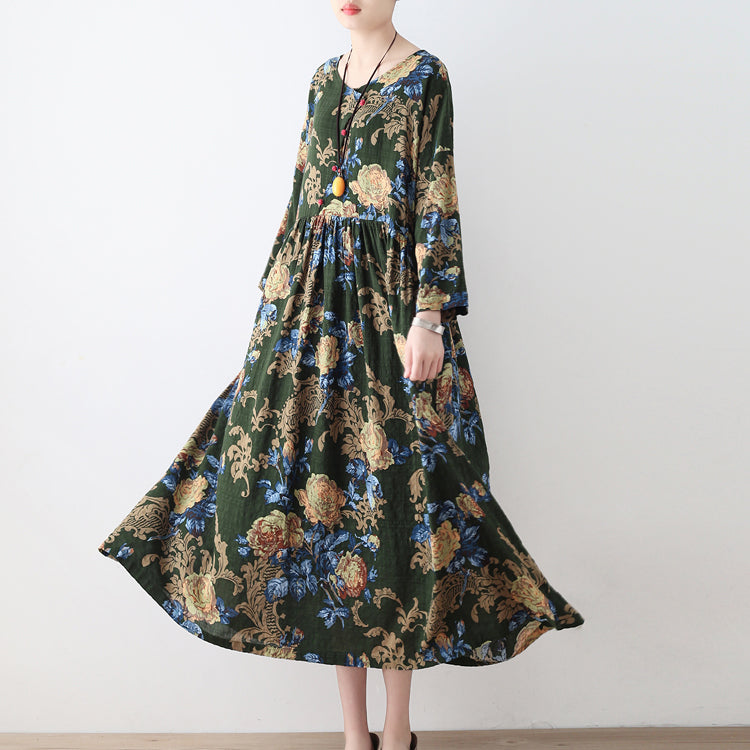Fall Green Tunic Linen Dresses Long Cotton Maxi Dress Gown