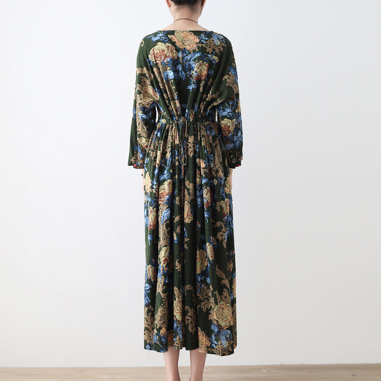 Fall Green Tunic Linen Dresses Long Cotton Maxi Dress Gown