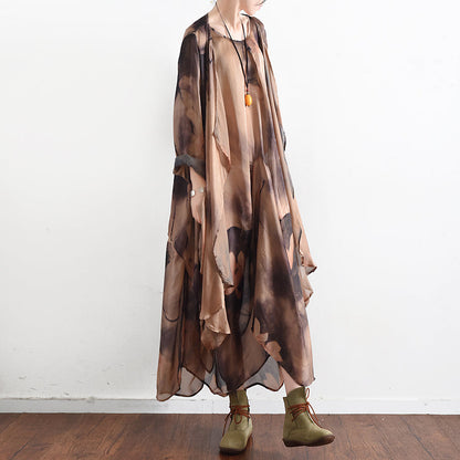 Fall Khaki Print Silk Dresses Flowy Baggy Caftans Two Pieces