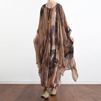 Fall Khaki Print Silk Dresses Flowy Baggy Caftans Two Pieces
