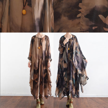 Fall Khaki Print Silk Dresses Flowy Baggy Caftans Two Pieces