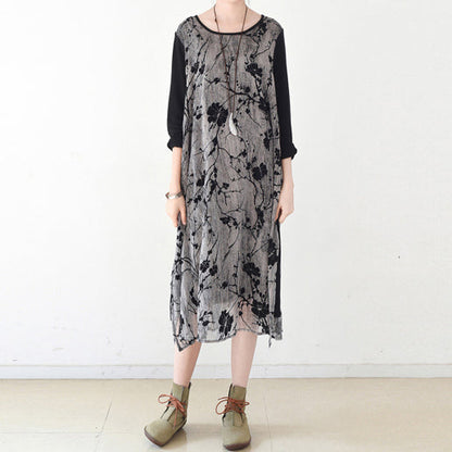 Fall Layered Black Maxi Dresses Plum Flower Print Chiffon Dress Layered Caftans