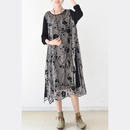 Fall Layered Black Maxi Dresses Plum Flower Print Chiffon Dress Layered Caftans
