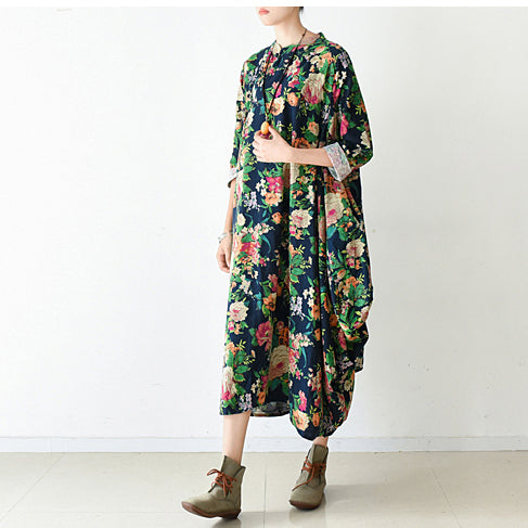 Fall Navy Baggy Linen Dresses Oversized Caftans Long Cotton Dress