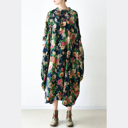 Fall Navy Baggy Linen Dresses Oversized Caftans Long Cotton Dress
