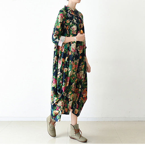 Fall Navy Baggy Linen Dresses Oversized Caftans Long Cotton Dress