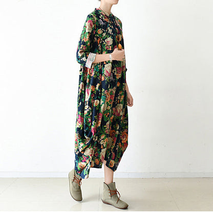 Fall Navy Baggy Linen Dresses Oversized Caftans Long Cotton Dress