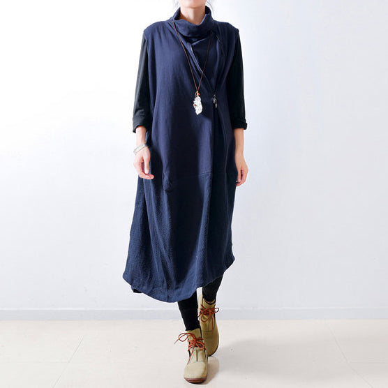 Fall Navy Linen Dresses Shoulder Zipper Design Oversized Caftans Gown