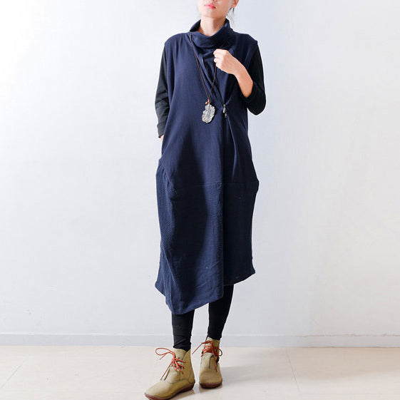 Fall Navy Linen Dresses Shoulder Zipper Design Oversized Caftans Gown