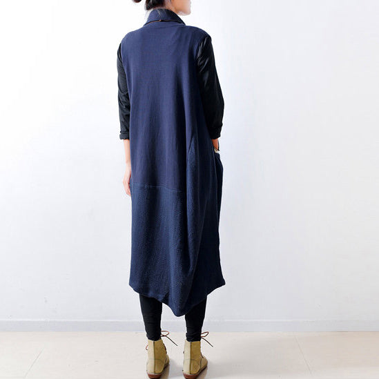 Fall Navy Linen Dresses Shoulder Zipper Design Oversized Caftans Gown