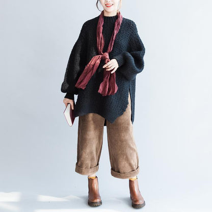 Fall New Black Cotton Sweater Long Sleeve Knit Pullover Side Open