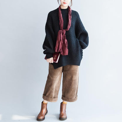 Fall New Black Cotton Sweater Long Sleeve Knit Pullover Side Open