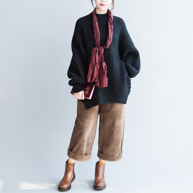 Fall New Black Cotton Sweater Long Sleeve Knit Pullover Side Open