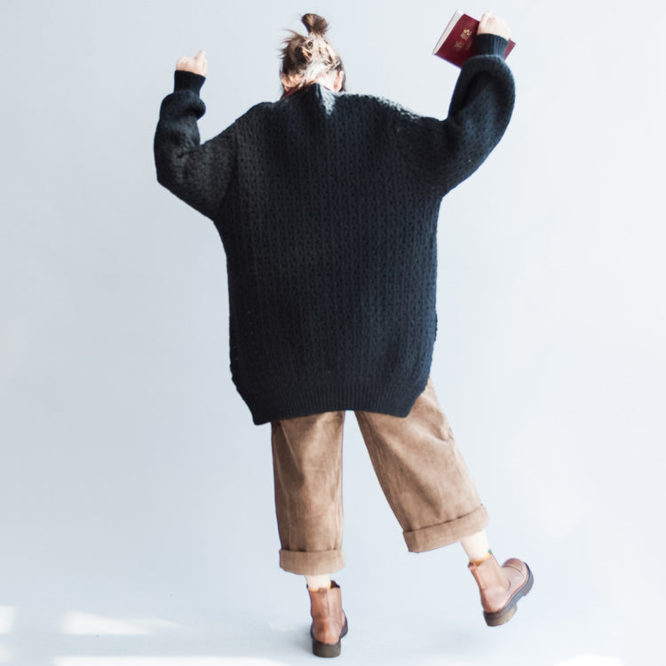 Fall New Black Cotton Sweater Long Sleeve Knit Pullover Side Open